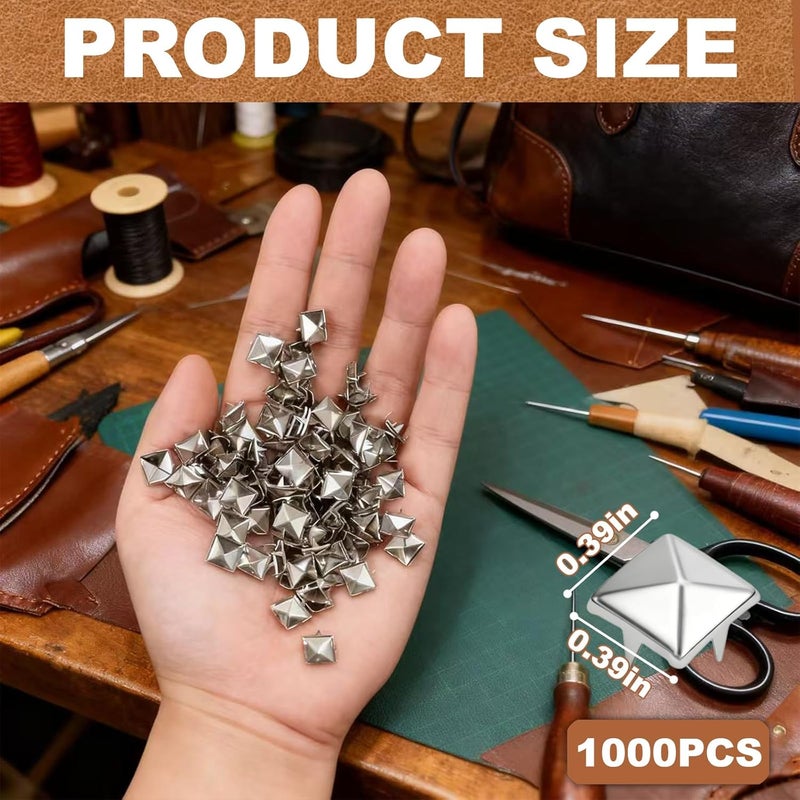 XIAEQOH 1000PCS 10mm 4-Prong Square Spikes, Silver Metal Pyramid Studs for Crafts, Punk Style Rivets for Leather Jacket, Clothing, Bag, Dog Collar, Durable & Easy to Install - Image 3